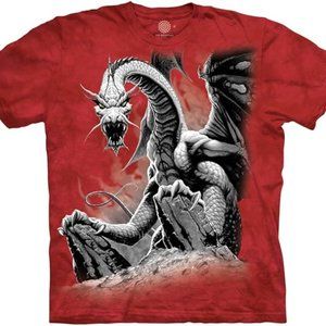 Dragons The Mountain Black Dragon Cotton Flying Horned Fantasy Red T-Shirt S